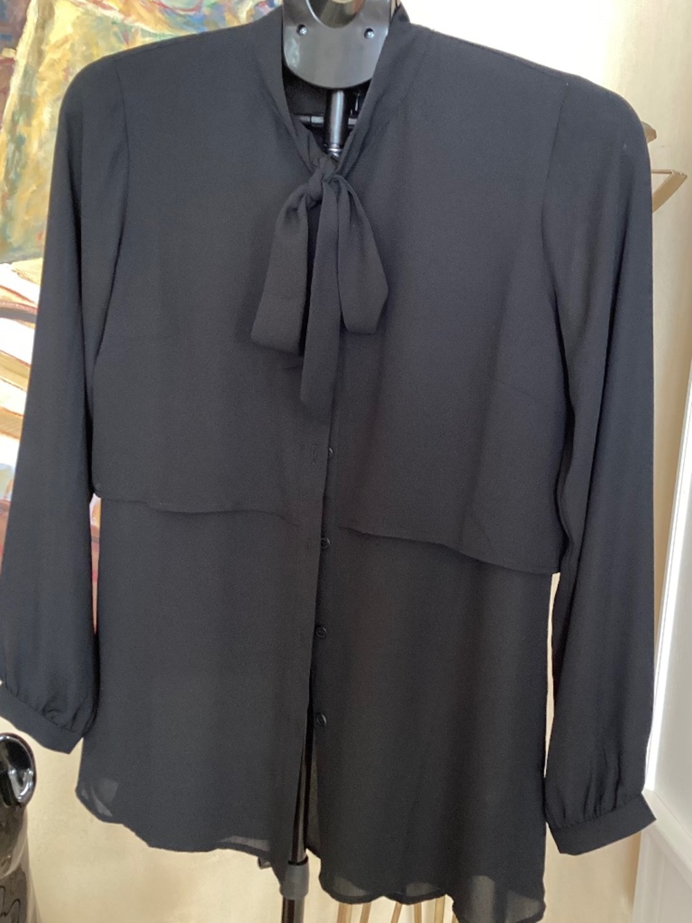 JOAN RIVERS BLACK LONG SLEEVE TIE-NECK BLOUSE SIZE XXS